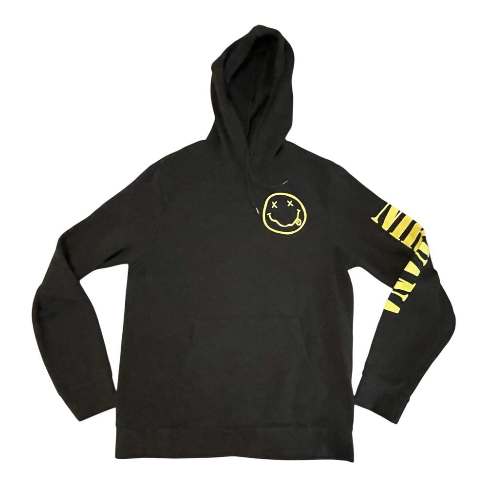 Nirvana Hoodie Mens Medium Black Old Navy Grunge Band Pullover Smiley Logo